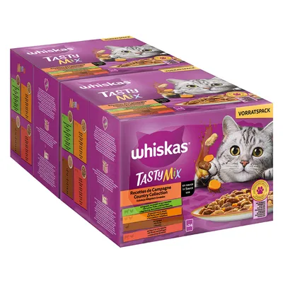 Whiskas Tasty Mix Vorratspack, Country Collection in Sauce, 24 Portionsbeutel. Sichtbare Zutaten: Karotten und Fleischstücke. Verpackung zeigt eine graue Katze.