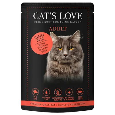 Cat's Love Adult Manzo Pur, 71% manzo, con Omega 3 e 6, ricetta senza cereali, con taurina e vitamine, 100% naturale. Qualità premium per gatti.