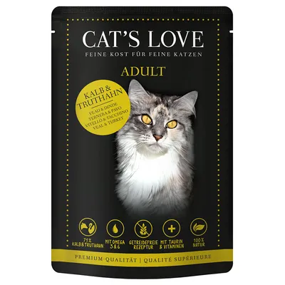 Cat's Love Adult cibo per gatti con vitello e tacchino, 71% carne, senza cereali, con Omega 3 e 6, taurina e vitamine, 100% naturale. Qualità premium.