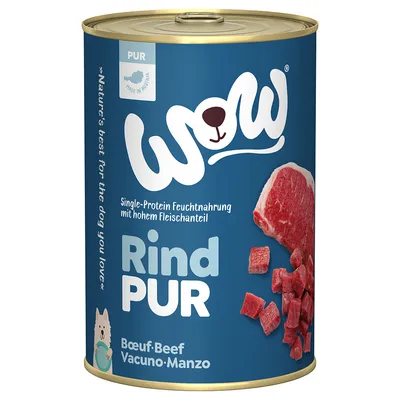 Boîte de nourriture humide pour chien WOW Rind PUR, bœuf. Texte visible : Single-Protein Feuchtnahrung mit hohem Fleischanteil, Boeuf·Beef·Vacuno·Manzo, Made in Austria.