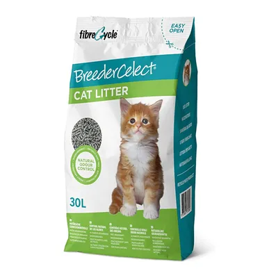 Упаковка наполнителя для кошачьего туалета BreederCelect Cat Litter 30 л, надпись Natural Odour Control, изображение котёнка и гранул наполнителя.