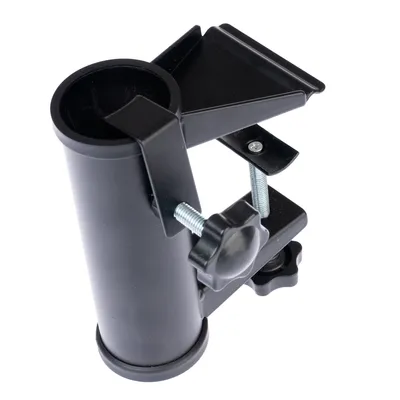 Supporto nero in metallo con meccanismo a vite, adatto per il fissaggio su superfici. Design cilindrico con morsetto regolabile.