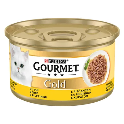 Purina Gourmet Gold консервированный корм для кошек с курицей, изображение измельчённого мяса и белой кошки на упаковке.