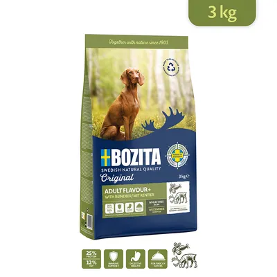 Bozita Original Adult Flavour+ with reindeer, 3 kg. Wheat-free, 25% protein, 12% fat. Supports immune system and digestion. Made in Sweden from recyclable materials.