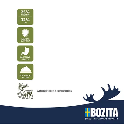 Bozita Swedish Natural Quality. 25% protein, 12% fat, immune support, digestive health, for finicky eaters. With reindeer and superfoods.