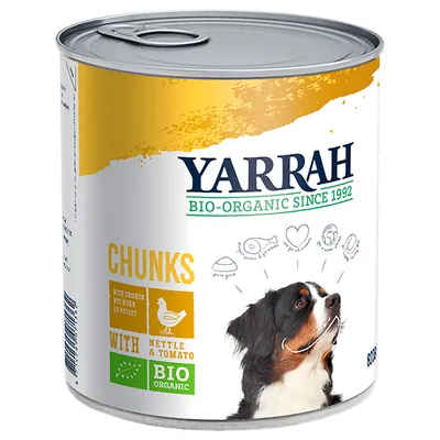 Yarrah BIO-ORGANIC SINCE 1992, CHUNKS with chicken, nettle & tomato, BIO ORGANIC. Koiran kuva purkin etiketissä.