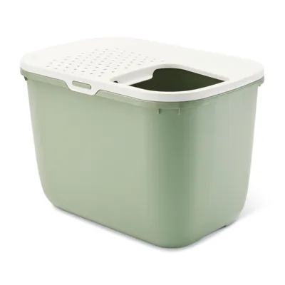 Green cat litter box with white lid and top entry. Rectangular shape, perforated lid to reduce litter scatter.