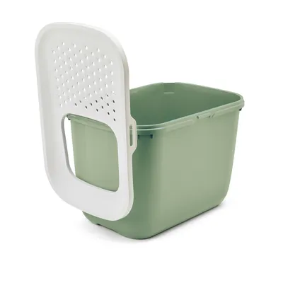 Green plastic box with white perforated lid, open. Suitable for storage or transport.