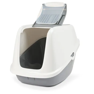 Geschlossene Katzentoilette mit weissem Deckel, grauer Bodenwanne und klappbarer Türöffnung.