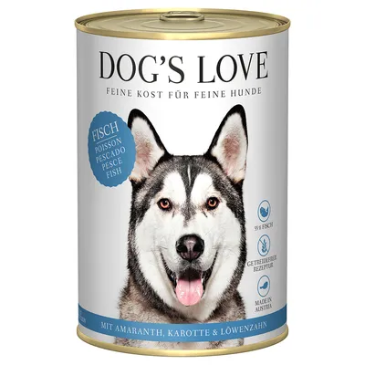 Dog's Love Nassfutter für Hunde, Sorte Fisch mit Amaranth, Karotte & Löwenzahn. 55% Fisch, getreidefreie Rezeptur, hergestellt in Österreich.