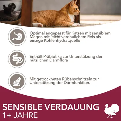 Sensible Verdauung 1+ Jahre. Für Katzen mit sensibler Verdauung: leicht verdaulicher Reis, Präbiotika für Darmflora, getrocknete Rübenschnitzel zur Unterstützung der Darmfunktion.