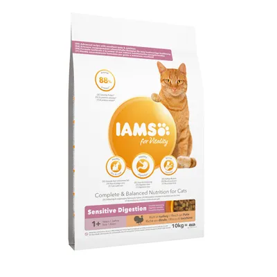IAMS for Vitality krmivo pro kočky Sensitive Digestion, bohaté na krůtu, pro kočky od 1 roku. Balení 10 kg s 88 % živočišných bílkovin a vyváženou výživou.