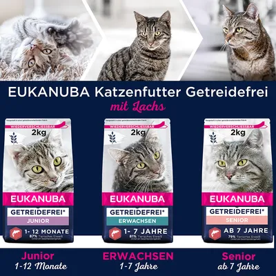 Eukanuba Katzenfutter Getreidefrei mit Lachs, erhältlich in Varianten: Junior 1-12 Monate, Erwachsene 1-7 Jahre, Senior ab 7 Jahre. Verpackung je 2kg, wiederverschliessbar.