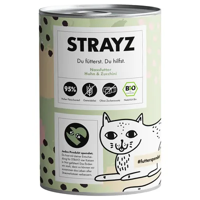 STRAYZ mokra karma dla kotów: kurczak i cukinia, 95% mięsa, bez zbóż, bez dodatku cukru, certyfikat bio. Każda puszka wspiera bezdomne koty.