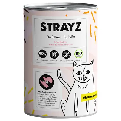STRAYZ mokra karma dla kotów: kaczka i batat, 95% mięsa, bez zbóż, bez dodatku cukru, certyfikat bio. Każda puszka wspiera koty wolno żyjące.