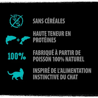 Sans céréales, haute teneur en protéines, fabriqué à partir de poisson 100 % naturel, inspiré de l’alimentation instinctive du chat. Texte en français belge.