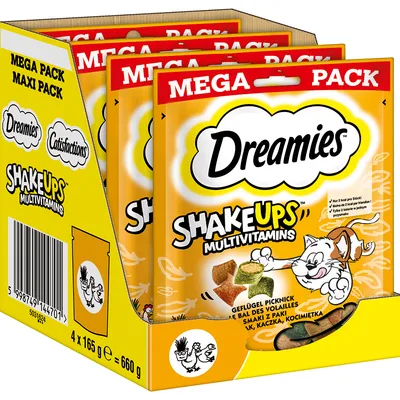 Dreamies Shakeups Multivitamins Mega Pack, 4 x 165 г (660 г), птица, утка, кошачья мята. Лакомство для кошек, всего 2 ккал на штуку.