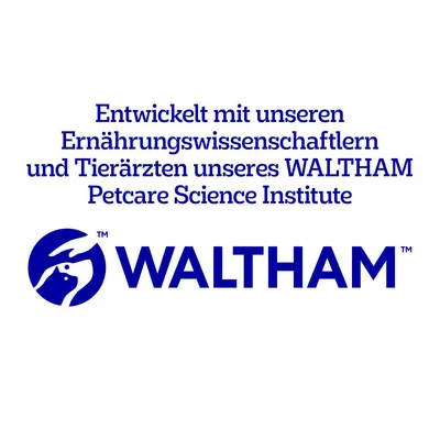 Tekst na njemačkom: Entwickelt mit unseren Ernährungswissenschaftlern und Tierärzten unseres WALTHAM Petcare Science Institute. WALTHAM.