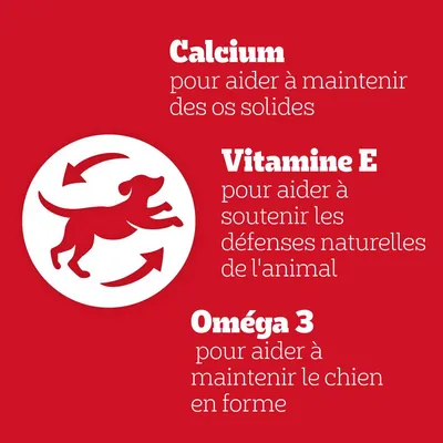 Calcium pour aider à maintenir des os solides. Vitamine E pour aider à soutenir les défenses naturelles de l'animal. Oméga 3 pour aider à maintenir le chien en forme.