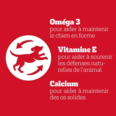 Oméga 3 pour aider à maintenir le chien en forme, Vitamine E pour soutenir les défenses naturelles de l'animal, Calcium pour aider à maintenir des os solides