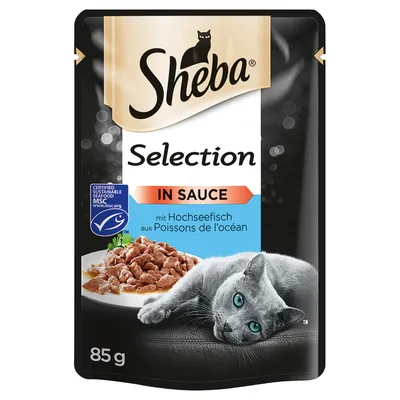 Sheba Selection in Sauce med havsfisk, MSC-certifierad, 85 g. Förpackningen visar en grå katt och serverad produkt.