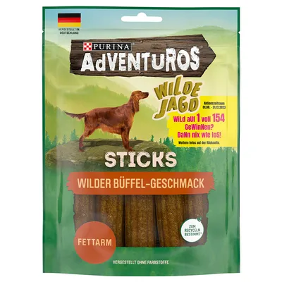 Purina AdVENTUROS Sticks WILDER BÜFFEL-GESCHMACK, FETTARM, HERGESTELLT OHNE FARBSTOFFE, texte promotionnel en allemand, sachet avec bâtonnets visibles.