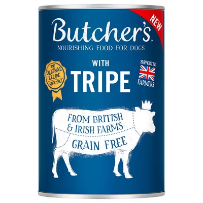 Butcher's dog food with tripe, original recipe since 1987, grain-free, from British and Irish farms, supports farmers. New product.