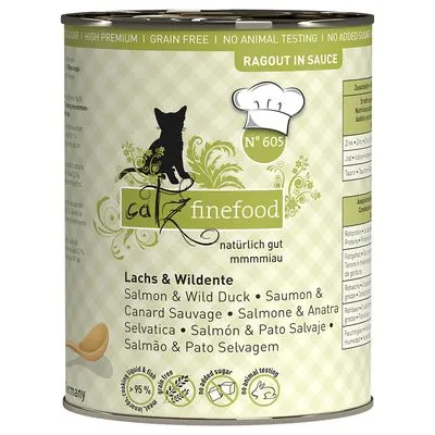 catz finefood N°605 naturlijk gut mmmmiauw, ragout in saus, Lachs & Wildente. Grain free, no animal testing, no added sugar. Zichtbare pictogrammen: graanvrij, geen dierproeven, 95% vlees.