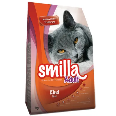 Emballage de croquettes pour chat Smilla Adult Rind Beef 1 kg, texte visible : Finest Healthy Nutrition, ausgeglichene Ernährung (allemand), pictogrammes ingrédients et bienfaits.