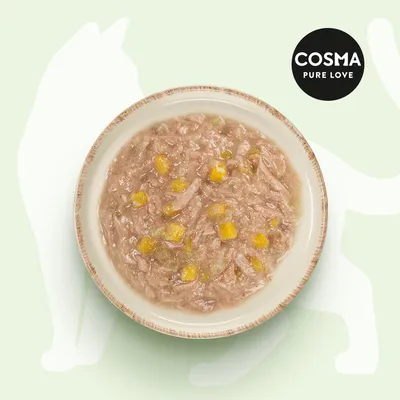 Cosma Pure Love Nassfutter in Schale, sichtbar mit Fleischstücken und gelben Gemüsewürfeln.