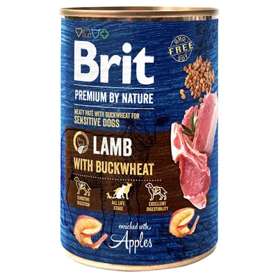 Brit Premium by Nature Lamm mit Buchweizen, angereichert mit Äpfeln, für sensible Hunde. GMO-frei, sojafrei. Für alle Lebensphasen, ausgezeichnete Verdaulichkeit.