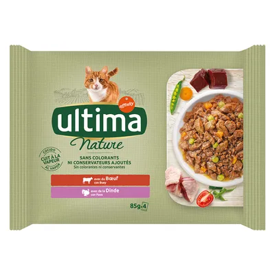 Ultima Nature kattenvoer, 85g, zonder kleurstoffen en conserveermiddelen, varianten: met rund en met kalkoen. Gestoomd.