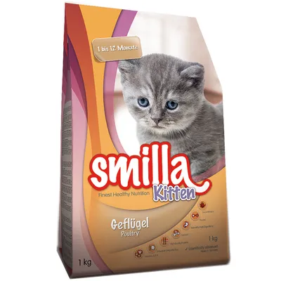 Bolsa de 1 kg de Smilla Kitten Geflügel Poultry, comida para gatitos. Texto visible: '1 bis 12 Monate', iconos de ingredientes y beneficios en la parte inferior del envase.