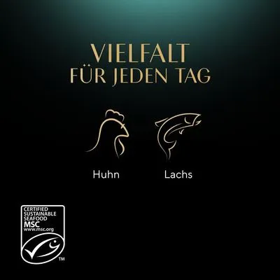 Tekst in het Duits: 'VIELFALT FÜR JEDEN TAG'. Illustraties van kip ('Huhn') en zalm ('Lachs'). MSC-keurmerk met tekst: 'CERTIFIED SUSTAINABLE SEAFOOD MSC www.msc.org'.