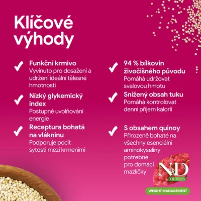 N&D Quinoa Weight Management. Funkčné krmivo, nízky glykemický index, bohaté na vlákninu, 94 % živočíšnych bielkovín, znížený obsah tuku, s quinoa.