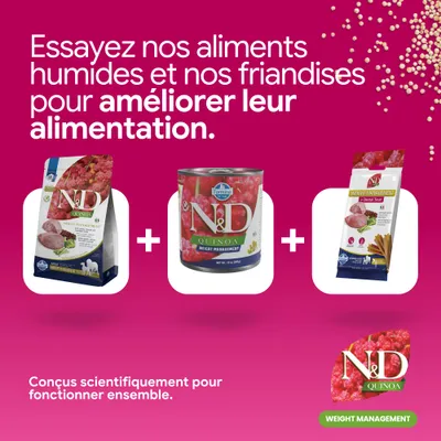N&D Quinoa Weight Management croquettes, aliments humides et friandises. Développés pour améliorer ensemble l’alimentation. Conçus scientifiquement pour une fonction optimale. N&D Quinoa Weight Management croquettes, aliments humides et friandises. Développés pour améliorer ensemble l’alimentation. Conçus scientifiquement pour une fonction optimale.