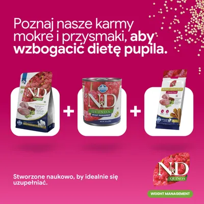N&D Komosa ryżowa Weight Management sucha karma, mokra karma i przekąska obok siebie. Tekst: Opracowane naukowo, aby idealnie się uzupełniały.