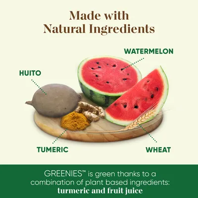 Product ingredients shown: huito, turmeric, watermelon and wheat. Text states GREENIES is green due to plant-based ingredients including turmeric and fruit juice.