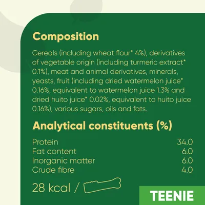 Composition: cereals, wheat flour 4%, vegetable derivatives, turmeric extract, meat and animal derivatives, minerals, yeasts, fruit, sugars, oils, fats. Protein 34%, fat 6%, fibre 4%.