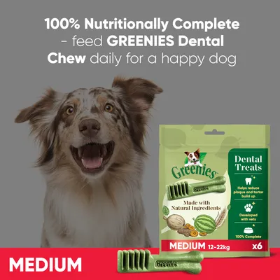 Greenies Dental Treats, medium size for 12-22kg, made with natural ingredients. Helps reduce plaque and tartar, developed with vets, 100% nutritionally complete. Pack of 6.