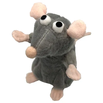 Jouet en peluche en forme de souris grise avec oreilles, pattes et museau beiges, yeux ronds noirs et blancs. Matière textile visible.