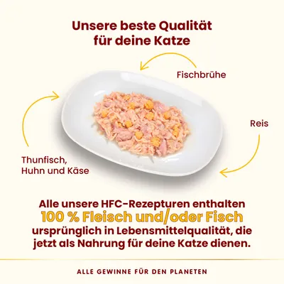 Unsere beste Qualität für Katzen: Thunfisch, Huhn, Käse, Reis und Fischbrühe. HFC-Rezepturen mit 100% Fleisch/Fisch in Lebensmittelqualität als Katzennahrung. Alle Gewinne für den Planeten.