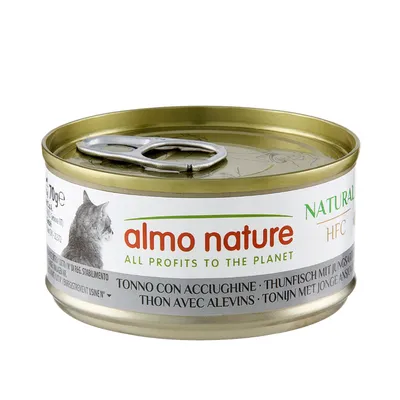 Almo Nature Natural HFC Thunfisch mit Jungfischen, 70g Dose. Text: All profits to the planet.