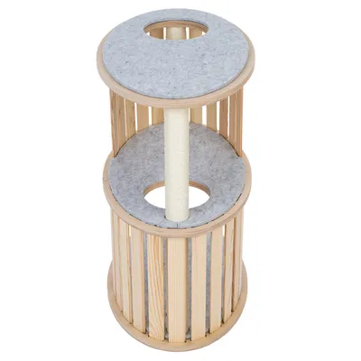 Arbre à chat cylindrique en bois avec deux plateformes rondes recouvertes de feutre gris, poteau central en sisal, ouvertures circulaires sur chaque niveau.