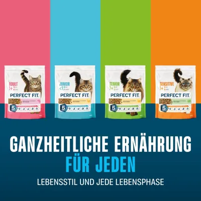 Vier Perfect Fit Katzenfutterbeutel: Adult 1+, Junior <1, Senior 7+, Sensitive 1+. Text: Ganzheitliche Ernährung für jeden Lebensstil und jede Lebensphase.
