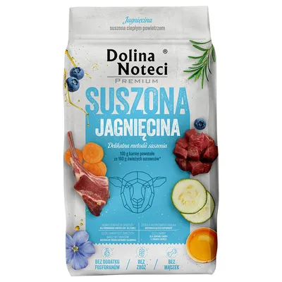 Dolina Noteci Premium. Agnello essiccato delicatamente. Senza fosfati aggiunti, senza cereali, senza farina. Ingredienti: carote, zucchine, mirtilli, uovo.