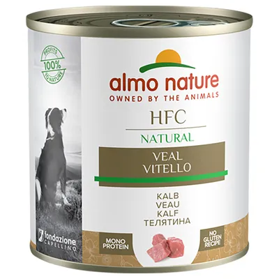 Almo Nature HFC Natural Kalb. Monoprotein, glutenfreie Rezeptur. Profits 100% to nature. Fondazione Capellino.
