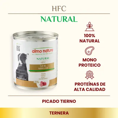 Lata de comida para perros almo nature HFC Natural ternera. Texto visible: 100% natural, monoproteico, proteínas de alta calidad, picado tierno, sin gluten, veal vitello.