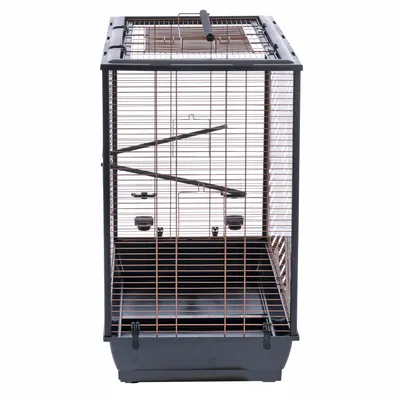 Vogelkäfig aus Metall mit zwei Sitzstangen, Futter- und Wasserschalen sowie herausziehbarer Bodenwanne zur einfachen Reinigung.