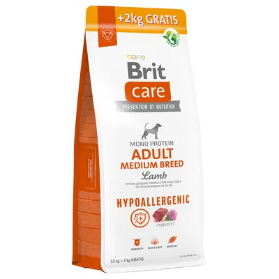 Brit Care Adult Medium Breed Lamb, hypoallergenic dog food with monoprotein and probiotics. For medium-sized dogs (10-25 kg). Pack: 12 kg + 2 kg free.